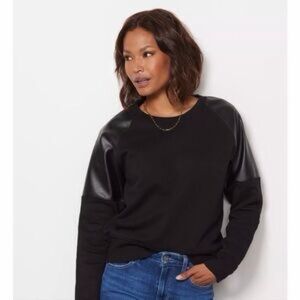 Evereve Faux Leather Accent Knit Crewneck Pullover Sweater Black Women’s Large